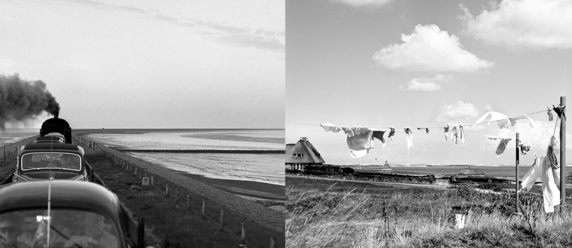 Zwei Bilder in schwarz-weiß zeigen den Autozug und eine Wäscheleine auf Sylt.