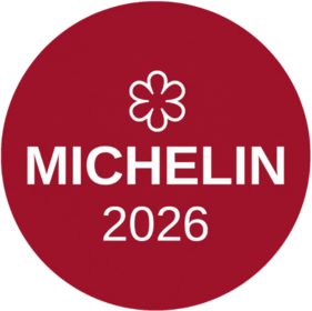 Michelin-Stern 2025 auf rotem Hintergrund, symbolisiert kulinarische Exzellenz im Severin*s Resort & Spa, Sylt.