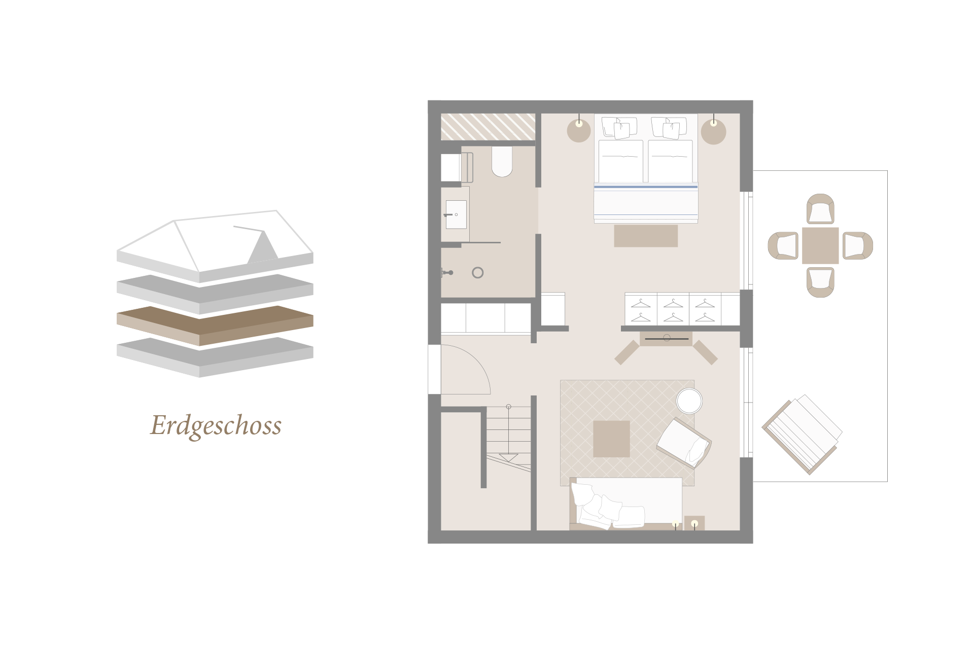Grundriss des Erdgeschosses im Severin*s Resort & Spa Sylt: Schlafzimmer, Bad, Wohnbereich und Terrasse mit Sitzgruppe.