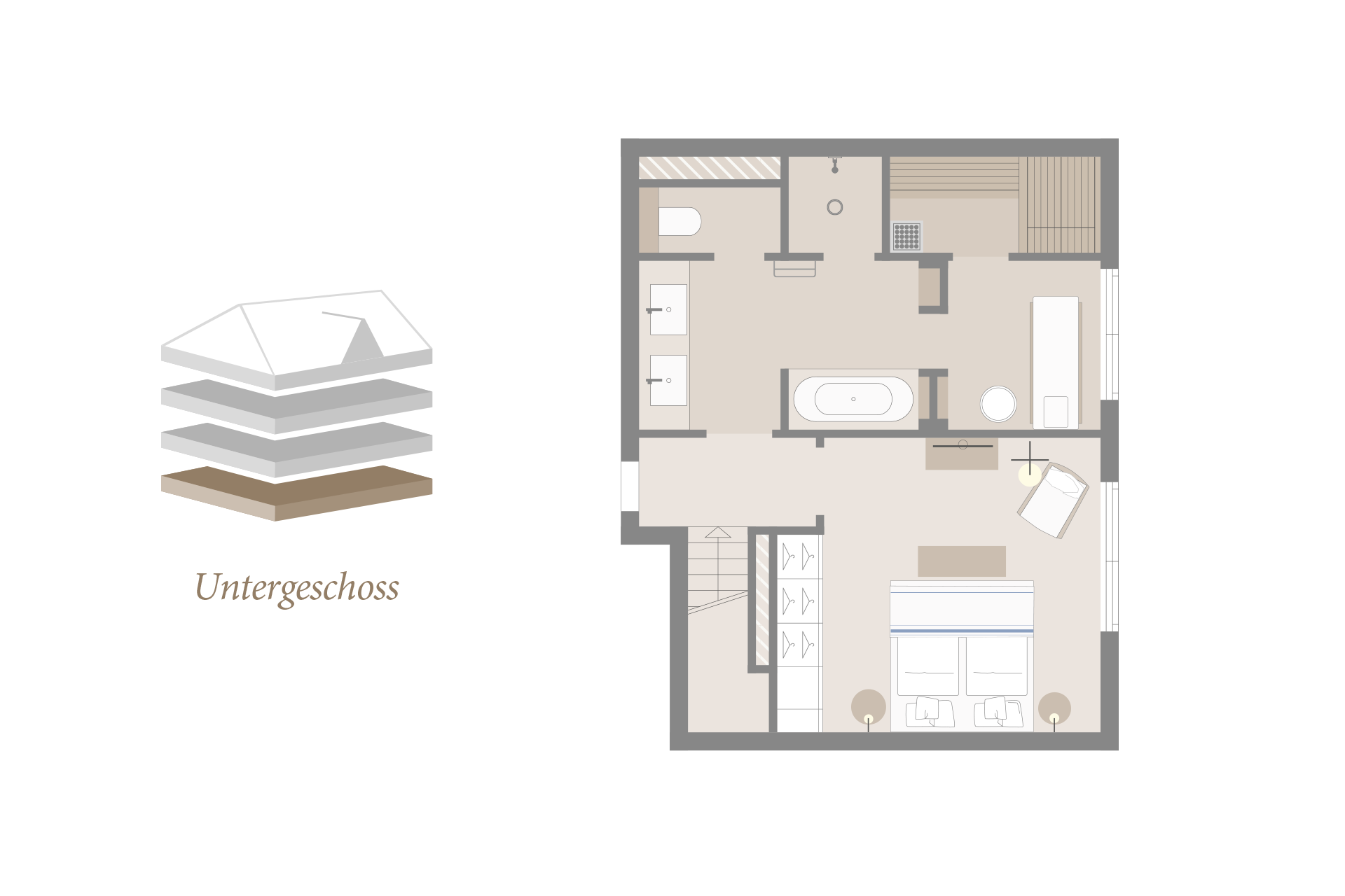 Grundriss des Untergeschosses im Severin*s Resort & Spa mit Schlafzimmer, Bad, Sauna und Treppe.