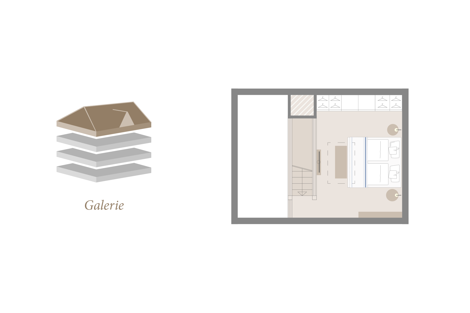 Grundriss der Galerie im Severin*s Resort & Spa, Sylt, mit Doppelbett, Schränken und Treppe.