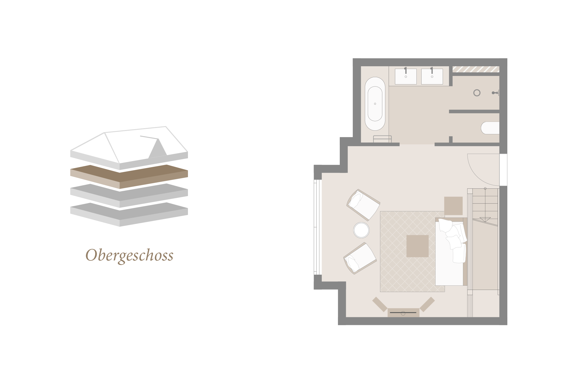 Grundriss des Obergeschosses mit Schlafzimmer, Bad mit Wanne, und Sitzbereich im Severin*s Resort & Spa auf Sylt.