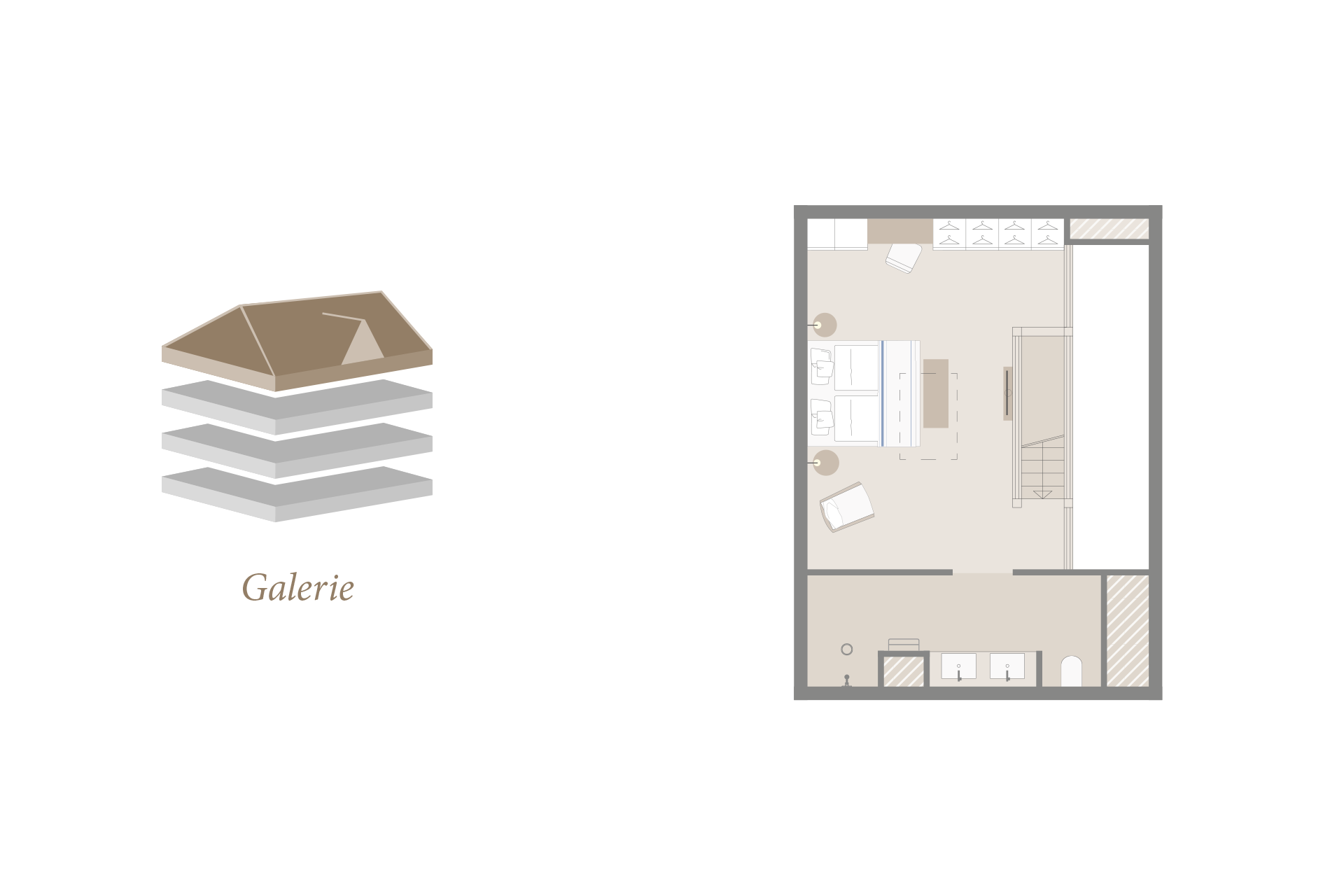 Grundriss der Galerie-Etage mit Bett, Sitzbereich, Treppe und Badezimmer im Severin*s Resort & Spa auf Sylt.