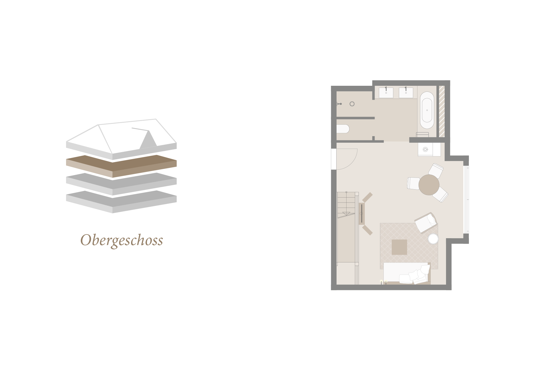 Grundriss des Obergeschosses im Severin*s Resort & Spa, zeigt ein Schlafzimmer mit Bad, Sitzbereich und Balkon.