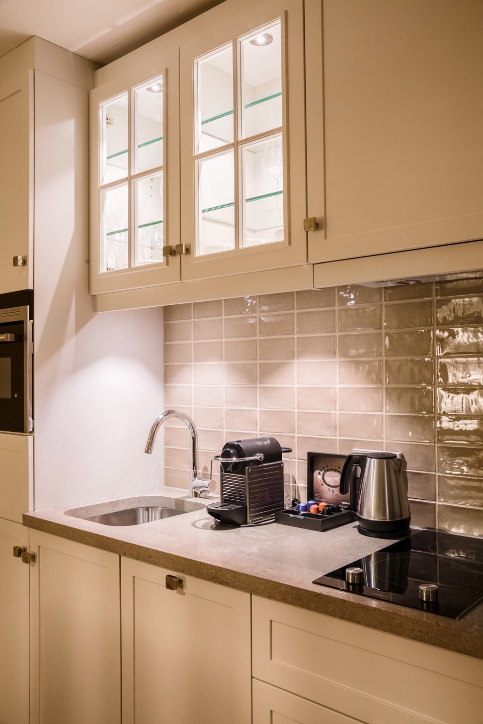 Elegant kitchenette at Severin*s Resort & Spa with coffee machine, kettle and sink.