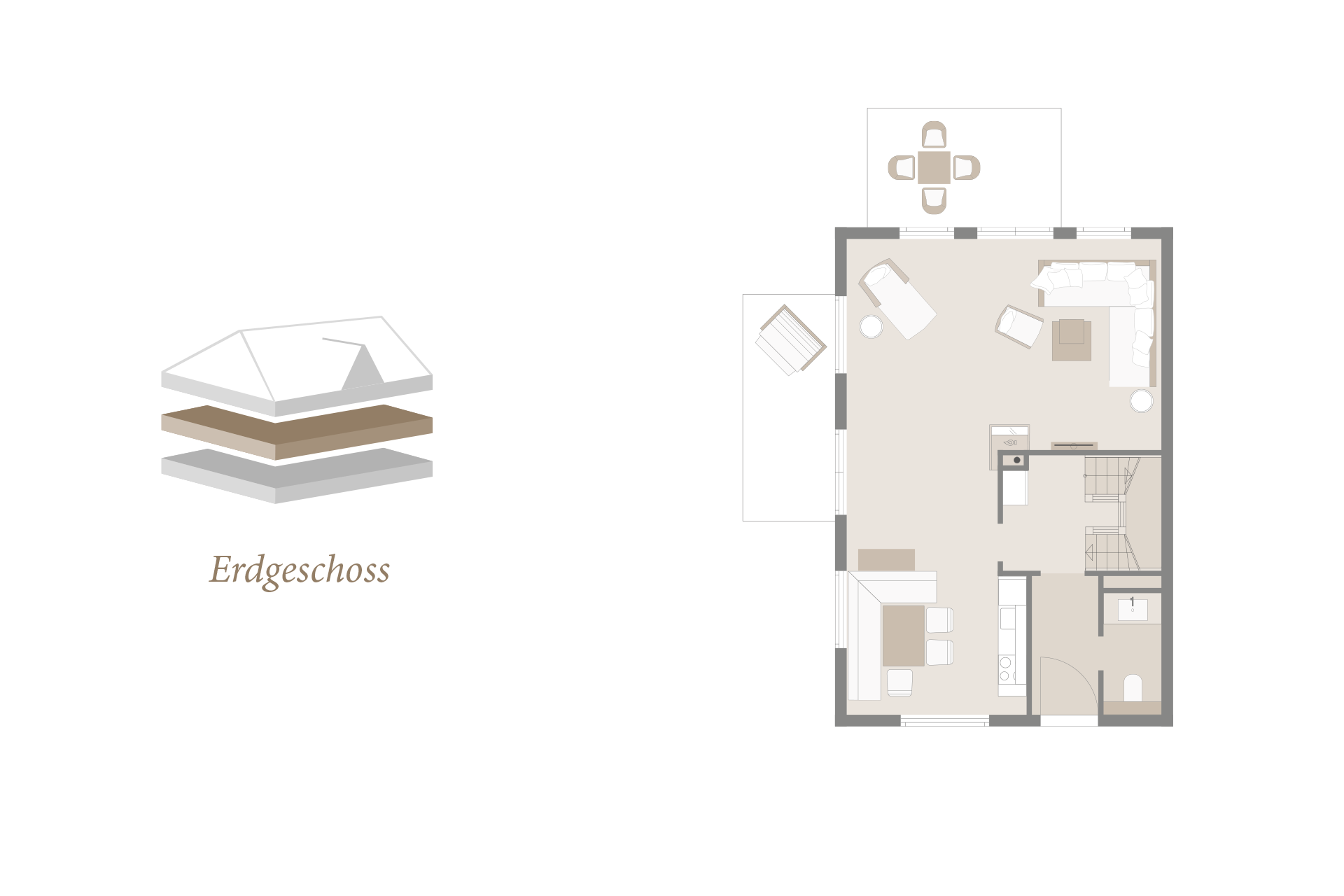 First floor layout: living area with sofa, dining table, kitchen, terrace and bathroom at Severin*s Resort & Spa.