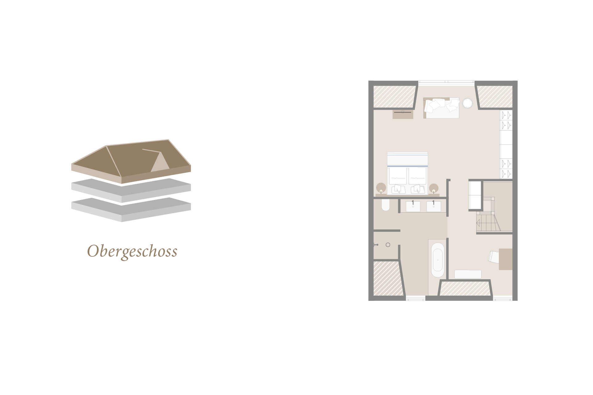 Floor plan of the upper floor with bedroom, bathroom, bathtub, double washbasin and staircase at Severin*s Resort.