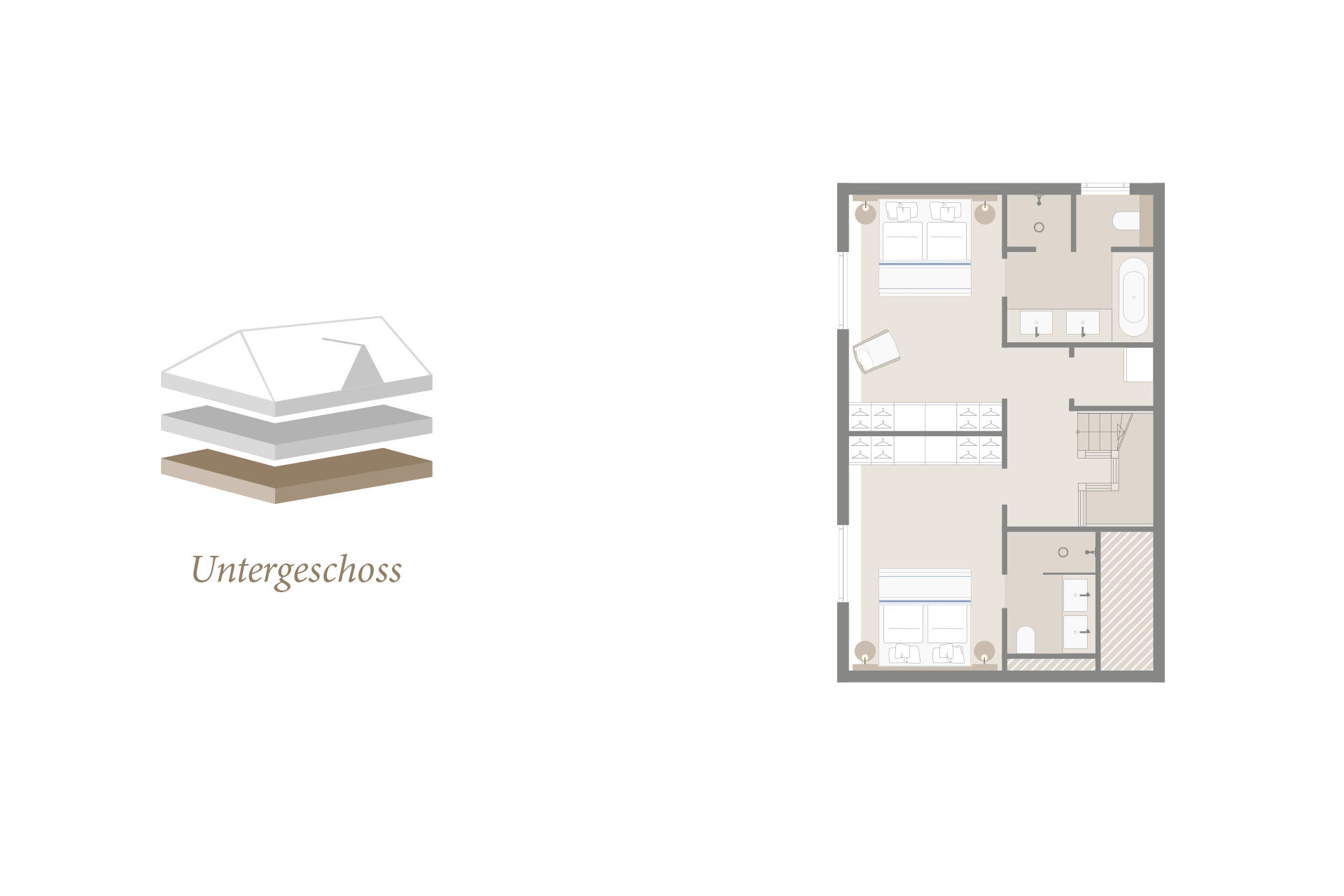 Floor plan of the basement with two bedrooms, bathroom and staircase at Severin*s Resort & Spa, Sylt.