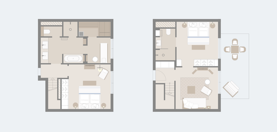 Grundriss einer luxuriösen Suite auf zwei Etagen mit Schlafzimmer, Wohnzimmer, Bad und Terrasse.
