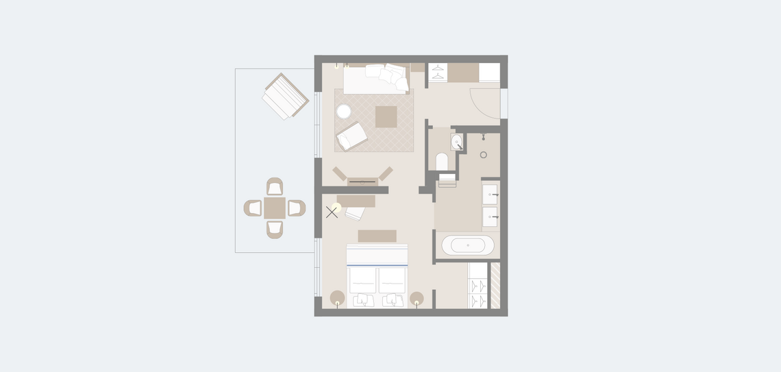 Floor plan of a luxurious suite with bedroom, living room, bathroom and balcony at Severin*s Resort & Spa on Sylt.