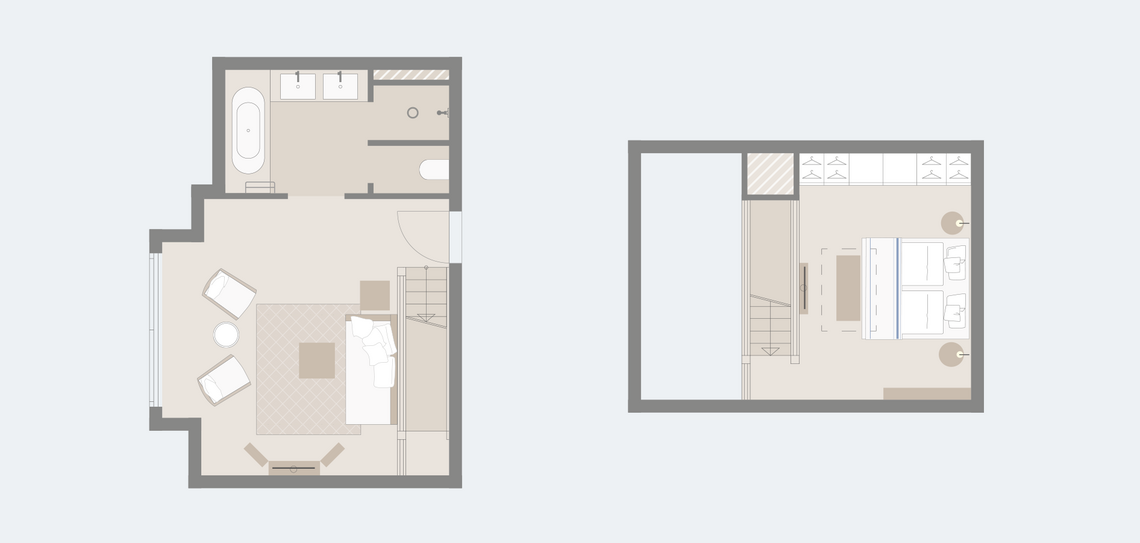 Grundriss einer Suite im Severin*s Resort & Spa mit Wohnbereich, Bad und Schlafzimmer auf zwei Etagen.
