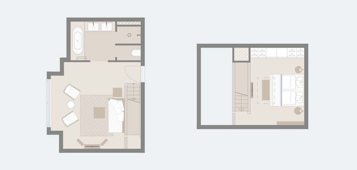Floor plan of a suite at Severin*s Resort & Spa with living area, bathroom and bedroom on two floors.