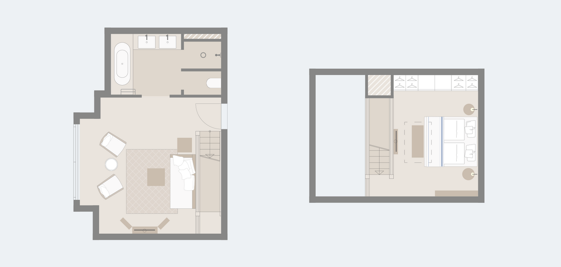Floor plan with graphic of the duplex suite Junior Gallery in the Hotel Severin*s Resort and Spa on Sylt