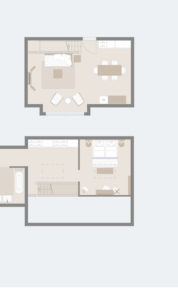 Grundriss der Maisonette Family Master Suite Obergeschoss und Galerie im Hotel Severin*s Resort und Spa auf Sylt