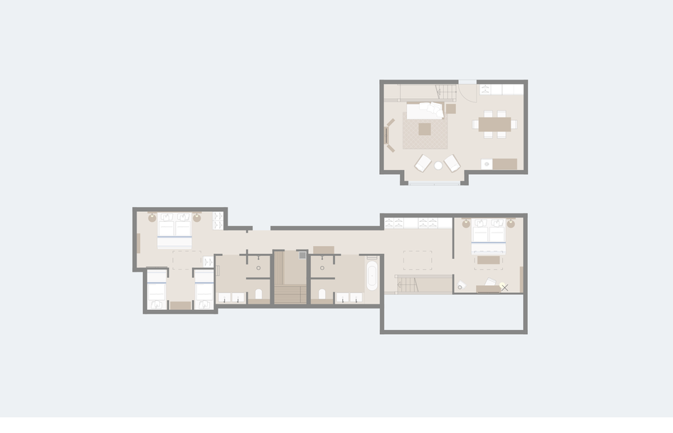 Floor plan of the Maisonette Family Master Suite upstairs and gallery in the Hotel Severin*s Resort and Spa on Sylt