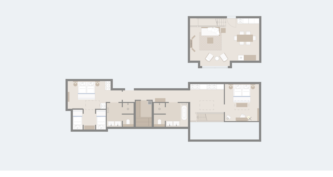 Grundriss der Maisonette Family Master Suite Obergeschoss und Galerie im Hotel Severin*s Resort und Spa auf Sylt