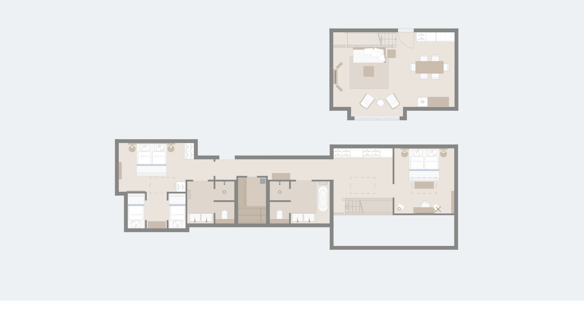 Floor plan of a luxurious suite with two bedrooms, living room and dining area at Severin*s Resort & Spa on Sylt.