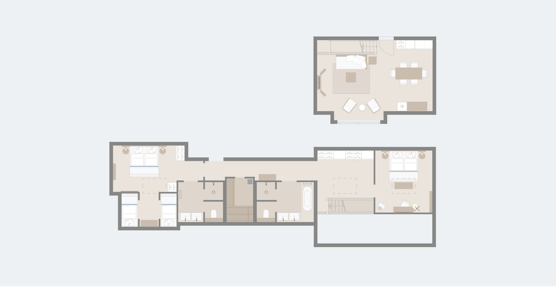 Floor plan of the Maisonette Family Master Suite upstairs and gallery in the Hotel Severin*s Resort and Spa on Sylt