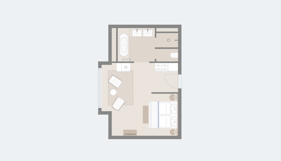 Grundriss des Doppelzimmers Superior 231 im Obergeschoss im Hotel Severin*s Resort und Spa auf Sylt