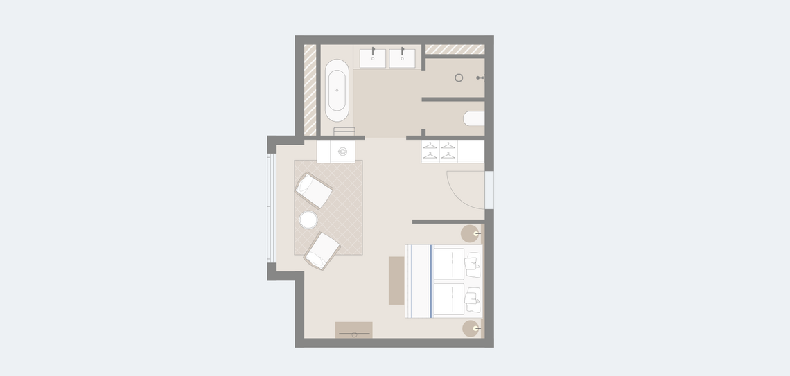 Floor plan of a hotel room with double bed, seating area, bathroom with bath and shower at Severin*s Resort & Spa.
