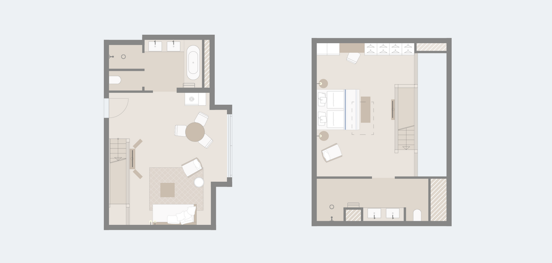 Floor plan with graphic upstairs of the maisonette suite Senior in the Hotel Severin*s Resort and Spa on Sylt