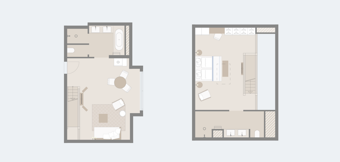 Grundriss der Maisonette Suite Senior Obergeschoss und Galerie im Hotel Severin*s Resort und Spa auf Sylt