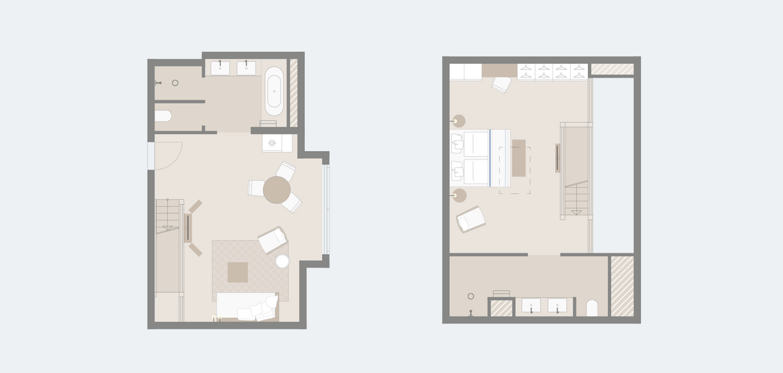 Floor plan with graphic upstairs of the maisonette suite Senior in the Hotel Severin*s Resort and Spa on Sylt