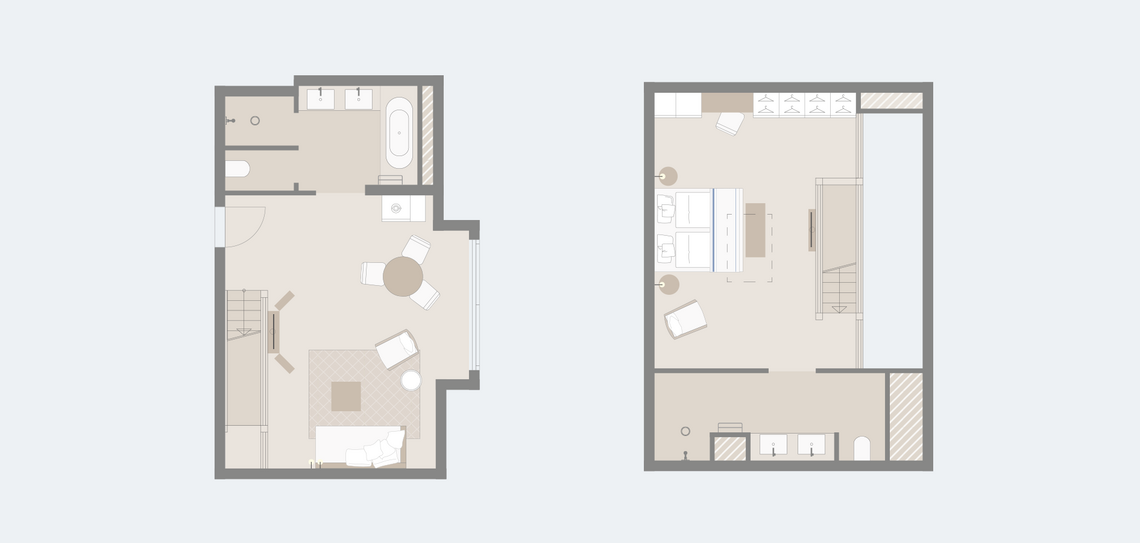 Grundriss einer luxuriösen, zweistöckigen Suite mit Schlafzimmer, Wohnzimmer, Bad und Ankleide im Severin*s Resort & Spa.