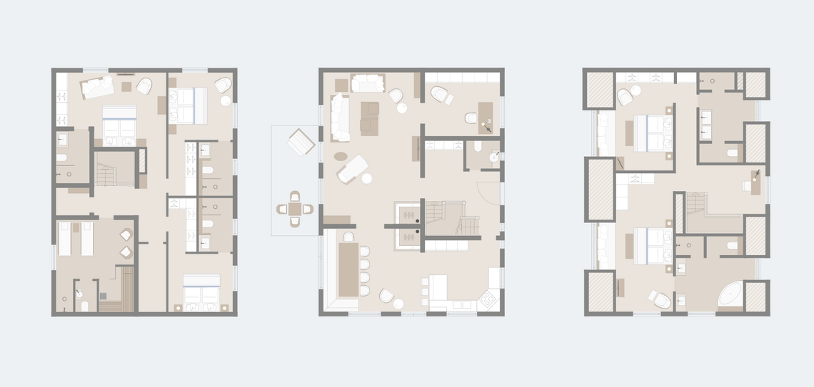 Grundriss einer luxuriösen Suite im Severin*s Resort & Spa mit Wohn-, Schlaf- und Badezimmern auf drei Etagen.