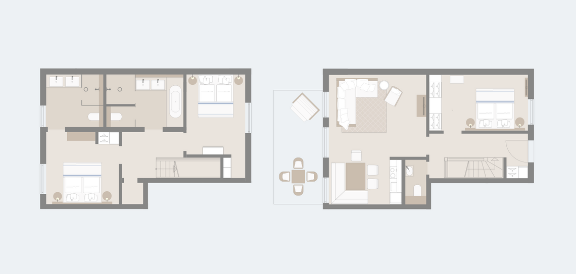 Grundriss einer luxuriösen Suite mit zwei Schlafzimmern, Wohnbereich, zwei Bädern und Terrasse im Severin*s Resort & Spa.