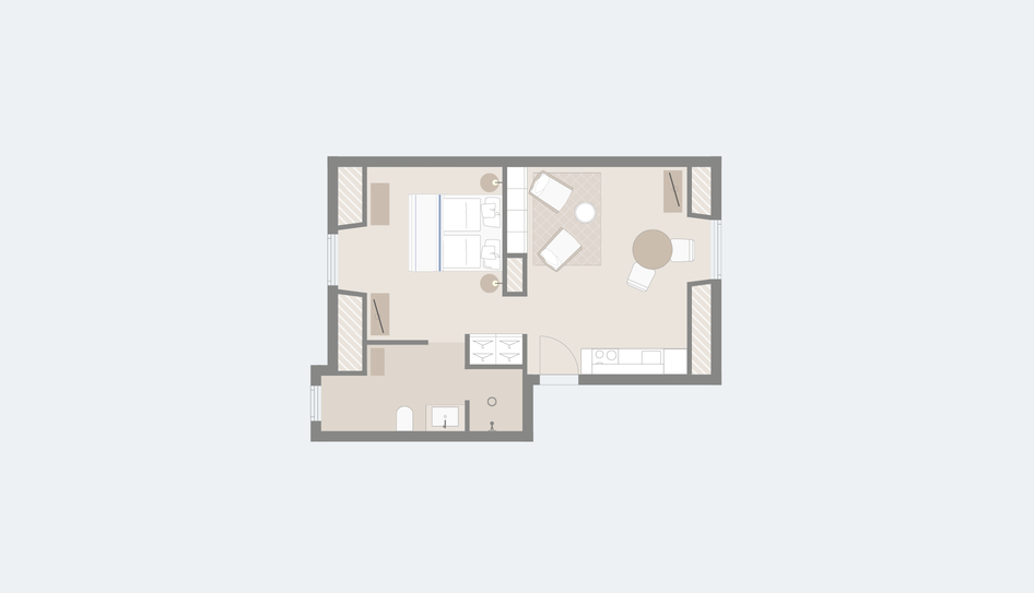 Floor plan with graphic studio upstairs in the Hotel Severin*s Resort and Spa on Sylt