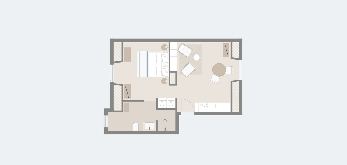 Floor plan of a suite with bedroom, living room, bathroom and kitchen at Severin*s Resort & Spa on Sylt.