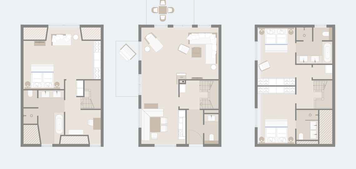 Floor plan of the Severin*s Resort: three floors with bedrooms, bathrooms, living area and terrace.