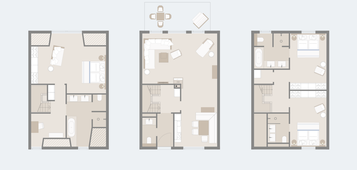 Floor plan of a three-storey hotel room with bedrooms, bathrooms, living room and terrace at Severin*s Resort & Spa.