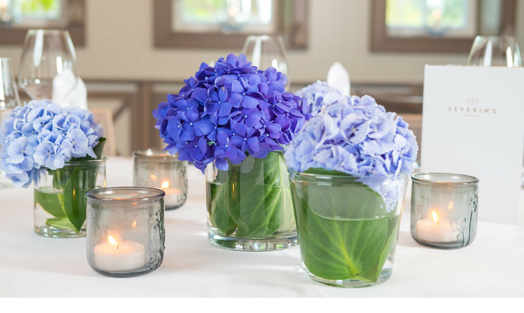 Floristik Blumen & Blumenvase Blau-lila Hortensien in Glasvasen auf weißer Tischdecke, umgeben von Kerzen, im Severin*s Resort & Spa.