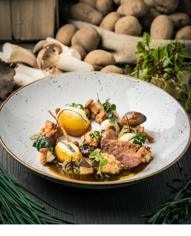 Restaurant Landhaus Severin*s auf Sylt Gourmet dish with mushrooms and potatoes on a rustic plate, with fresh ingredients in the background.