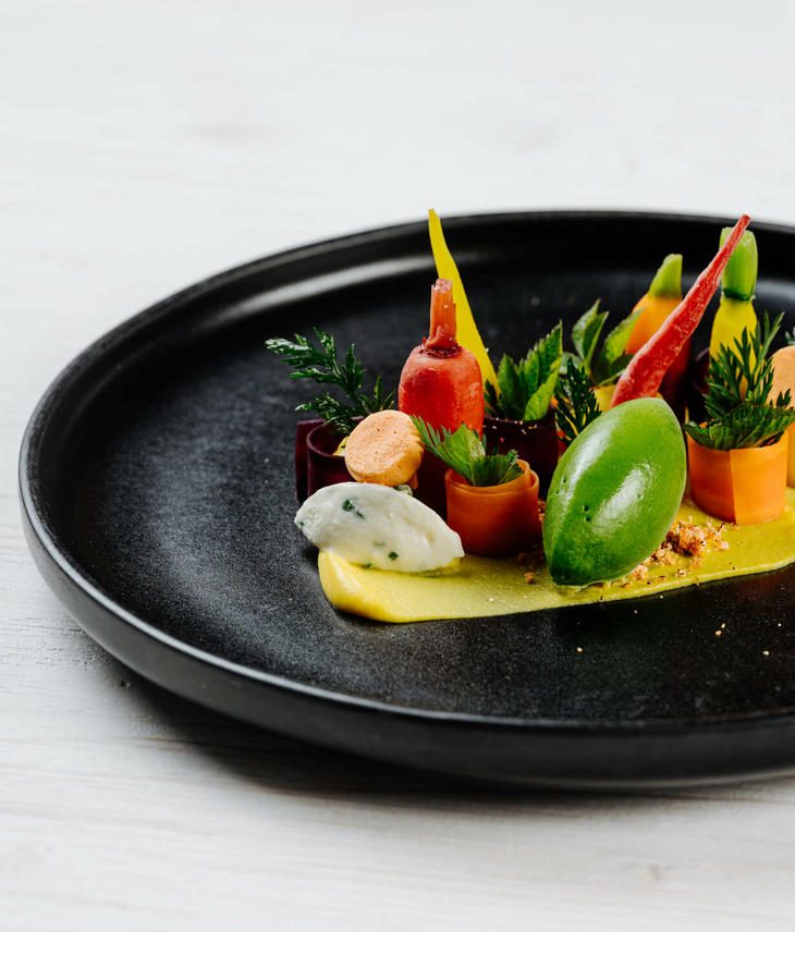An artfully prepared gourmet dish with colorful vegetables on a black plate.