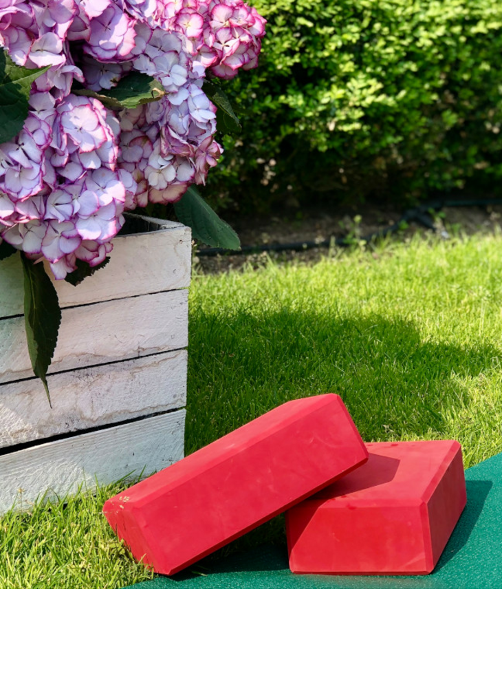 Ein weißer Holzkasten mit rosa-violetten Hortensien steht auf einer grünen Rasenfläche. Daneben liegen zwei rote Yoga- oder Fitnessblöcke auf dem Gras.