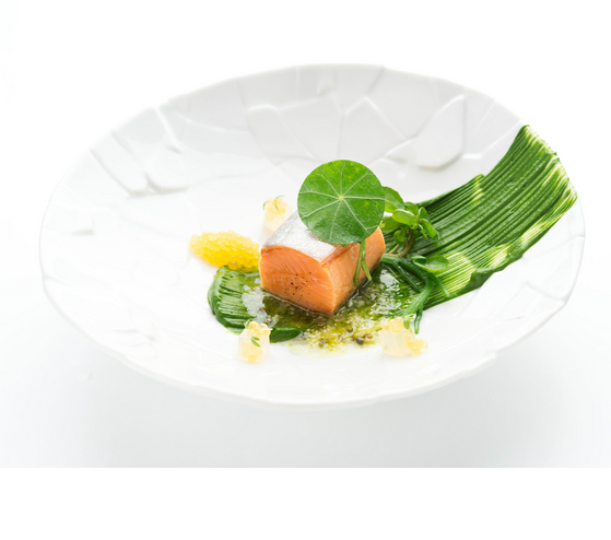 Gourmet dish with salmon, green sauce and edible flowers, artfully presented on a white plate.