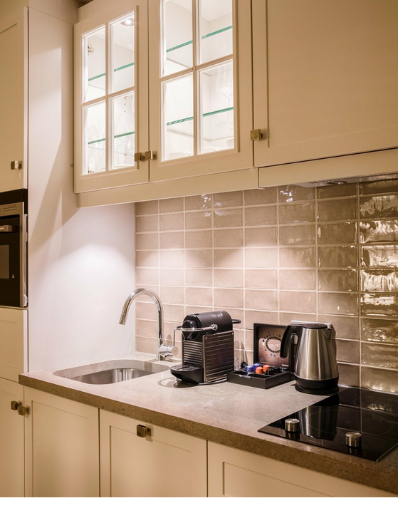 Elegant kitchenette at Severin*s Resort & Spa with coffee machine, kettle and sink.