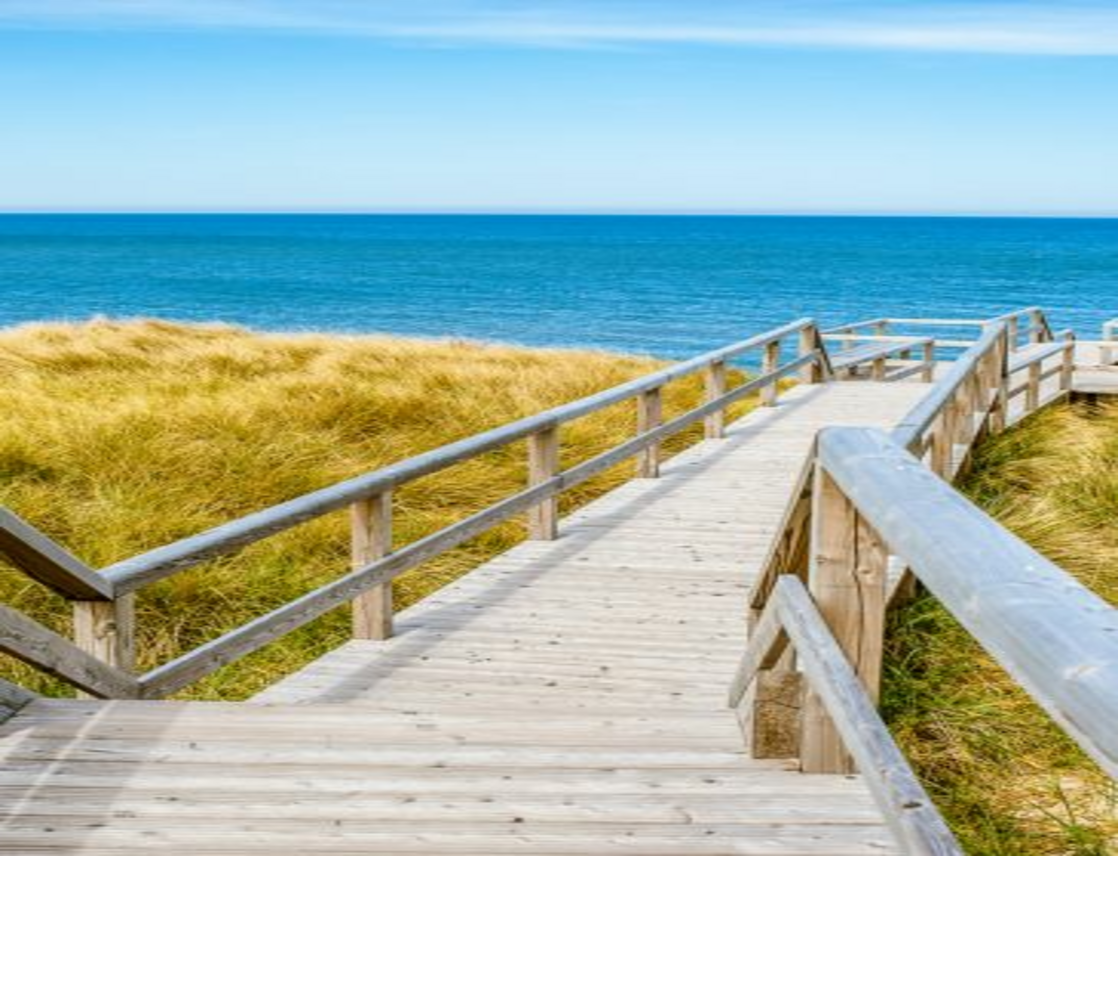Holzsteg führt durch Dünen zum blauen Meer unter klarem Himmel, nahe Severin*s Resort & Spa, Sylt.